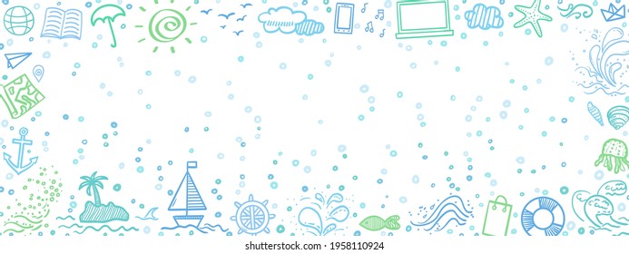 Hand drawn colored frame. Line holiday elements. Colorful sketchy doodles. Summer holidays. Freehand symbols in frame