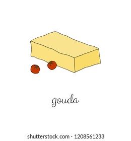 Hand drawn colored gouda cheese with cherry tomatoes isolated on white background.