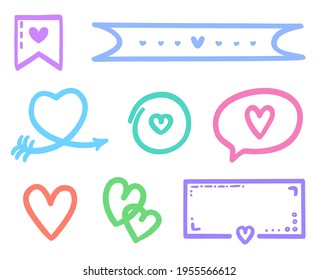 Hand drawn colored hearts. Abstract elements. Heart arrow. Freehand art