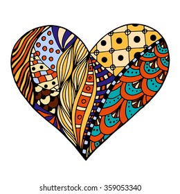 Hand drawn colored hearts in zentangle style. Pattern for coloring book. Coloring page for adult anti stress. Made by trace from sketch. Valentine's day background.