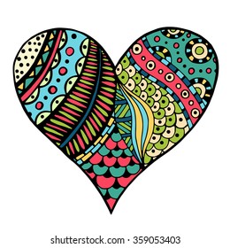 Hand drawn colored hearts in zentangle style. Pattern for coloring book. Coloring page for adult anti stress. Made by trace from sketch. Valentine's day background.