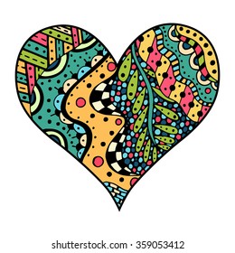 Hand drawn colored hearts in zentangle style. Pattern for coloring book. Coloring page for adult anti stress. Made by trace from sketch. Valentine's day background.