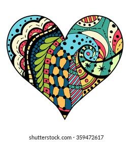 Hand drawn colored hearts in zentangle style. Pattern for coloring book. Coloring page for adult anti stress. Made by trace from sketch. Valentine's day background.