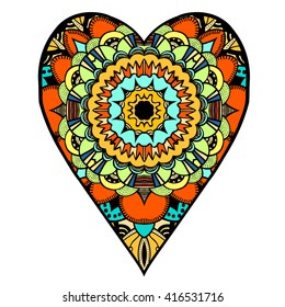 Hand drawn colored hearts in zentangle style. Pattern for coloring book. Coloring page for adult anti stress. Made by trace from sketch. Valentine's day background.