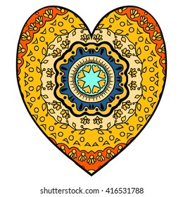 Hand drawn colored hearts in zentangle style. Pattern for coloring book. Coloring page for adult anti stress. Made by trace from sketch. Valentine's day background.