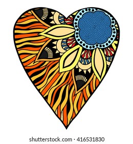 Hand drawn colored hearts in zentangle style. Pattern for coloring book. Coloring page for adult anti stress. Made by trace from sketch. Valentine's day background.