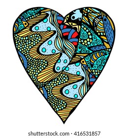 Hand drawn colored hearts in zentangle style. Pattern for coloring book. Coloring page for adult anti stress. Made by trace from sketch. Valentine's day background.