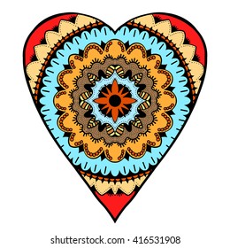 Hand drawn colored hearts in zentangle style. Pattern for coloring book. Coloring page for adult anti stress. Made by trace from sketch. Valentine's day background.