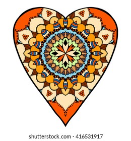 Hand drawn colored hearts in zentangle style. Pattern for coloring book. Coloring page for adult anti stress. Made by trace from sketch. Valentine's day background.