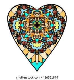 Hand drawn colored hearts in zentangle style. Pattern for coloring book. Coloring page for adult anti stress. Made by trace from sketch. Valentine's day background.