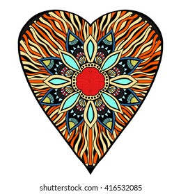 Hand drawn colored hearts in zentangle style. Pattern for coloring book. Coloring page for adult anti stress. Made by trace from sketch. Valentine's day background.