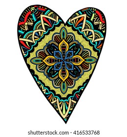 Hand drawn colored hearts in zentangle style. Pattern for coloring book. Coloring page for adult anti stress. Made by trace from sketch. Valentine's day background.