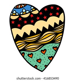 Hand drawn colored hearts in zentangle style. Pattern for coloring book. Coloring page for adult anti stress. Made by trace from sketch. Valentine's day background.