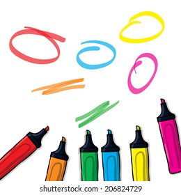 Hand drawn colored highlighters set. Vector illustration. Colorful marker lines and stains