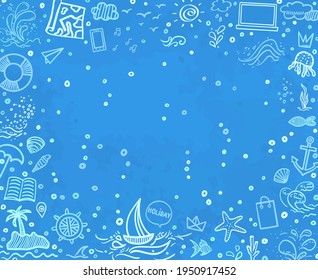 Hand drawn colored holiday elements on a chalkboard. Colorful blackboard. Summer holidays. Freehand frame from signs and symbols. Banner design
