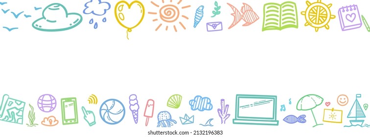 Hand drawn colored holiday elements. Colorful sketchy doodles. Summer holidays. Vacation trip
