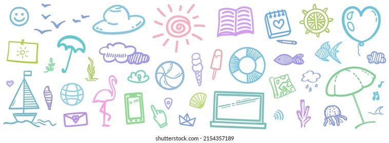Hand drawn colored holiday elements. Colorful sketchy doodles. Summer holidays. Freehand signs and symbols. Vacation trip. Web banner design