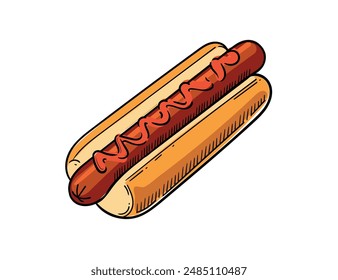 Hand drawn colored hot dog sketch with sausage and sauce vector illustration isolated on white background