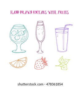 Hand drawn colored illustration with 3 summer cocktails: sparkling wine, MOJITO with lime, strawberry and mint leaves. Summer cocktail bar template.Vector illustration.
