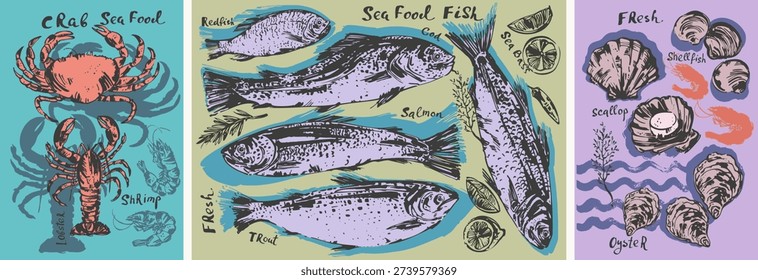 Hand drawn colored ink sketch of seafood fish. Lobster crab scallop. Oyster prawn shrim salmon. Trout cod redfish sea bass. For food background. Menu design.