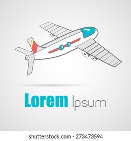 Hand drawn colored isolated airplane. Vector illustration.