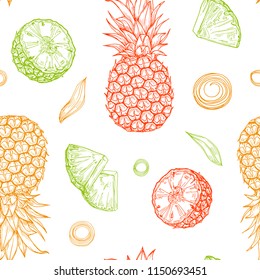 Hand drawn colored isolated pineapples seamless pattern on white background. Sketched abstract vector food illustration. Design element for card, print, template, wallpaper, texture, textile, cover.