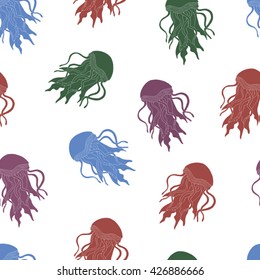 Hand drawn colored jellyfishes on a white background. Vector seamless pattern