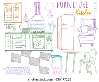Hand drawn colored kitchen furniture. Graphic vector collection