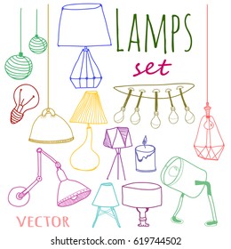 Hand drawn colored lamps. Graphic vector set