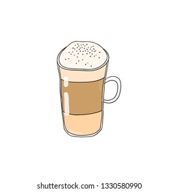 Hand drawn colored latte or macchiatto coffee in glass isolated on white background.
