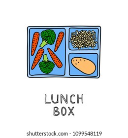 Hand drawn colored lunch box with vegetarian food including rice, broccoli, carrots and egg isolated on white background.