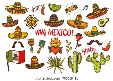 hand drawn colored Mexican elements collection.  Independence day, Cinco de mayo celebration, party doodle decorations for your design.