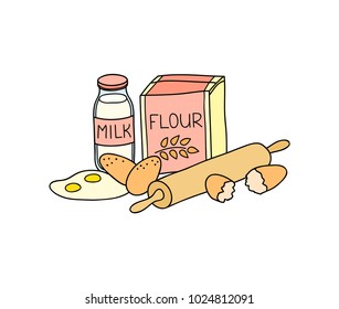 Hand drawn colored milk in bottle, pack of flour, eggs and rolling pin isolated on white background.