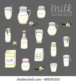 Hand drawn colored milk in different packages on chalkboard. Glass bottle, pitcher, jar, carton pack. Vanilla milkshake. Lettering.