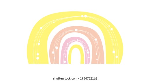 Hand drawn colored minimalist boho rainbow with lines,dots. Boho nursery rainbow print, children's element, isolated on white background. Easter vector spring summer rainbow for baby cards and posters