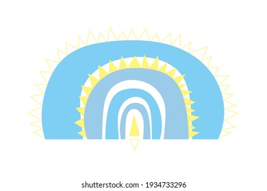 Hand drawn colored minimalist boho rainbow with triangles. Boho nursery rainbow print, children's element, isolated on white background. Easter vector spring blue rainbow for baby cards and posters.