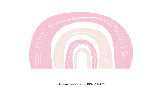 Hand drawn colored minimalist pink boho rainbow with lines. Nursery rainbow print, children's element, isolated on white background. Easter vector rainbow. Spring rainbow for baby cards and posters.