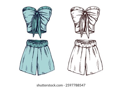 Hand drawn colored and monochrome sketch of summer outfit set with strapless top and wide-leg shorts in vintage style