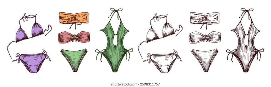 Hand drawn colored and monochrome sketch of summer swimwear collection with stylish details