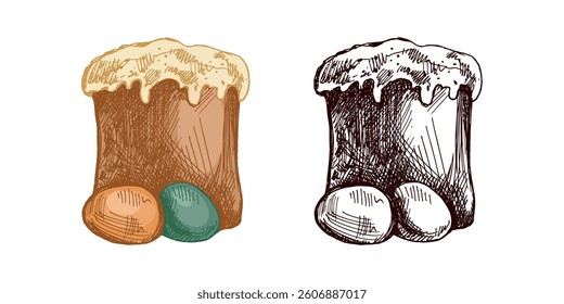 Hand drawn colored and monochrome vintage sketch of Easter cake with eggs