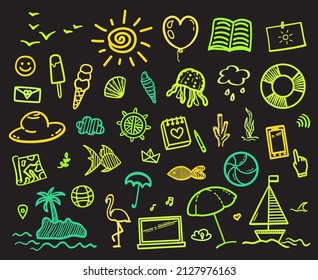 Hand drawn colored neon elements on isolated black background. Sketchy doodles. Summer relax