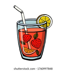 Bebidas no alcohólicas coloreadas a mano aisladas de fondo blanco. Fresa de limón, hojas de limón y menta. Ilustraciones vectoriales en estilo de esbozo.