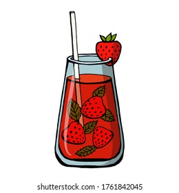 Hand drawn colored non-alcoholic drinks isolated on white background. Lemonade strawberry and mint leaves. Vector illustrations in sketch style.