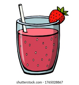 Hand drawn colored non-alcoholic drinks isolated on white background. Strawberry smoothie. Vector illustrations in sketch style.