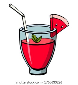 Hand drawn colored non-alcoholic drinks isolated on white background. Watermelon  fresh smoothie. Vector illustrations in sketch style.