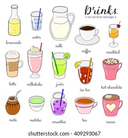 Hand drawn colored non-alcoholic drinks isolated on white background. Lemonade, water, milk, coffee, mocktail, latte, milkshake, juice, ice tea, chocolate, mate, matcha, smoothie, cocoa.