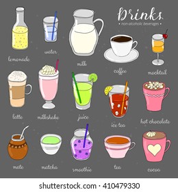 Hand drawn colored non-alcoholic drinks on chalkboard. Lemonade, water, milk, coffee, mocktail, latte, milkshake, juice, ice tea, chocolate, mate, matcha, smoothie, cocoa.