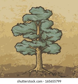 Hand Drawn Colored Oak Tree With Rough Woodcut Shading On Grunge Beige Background.