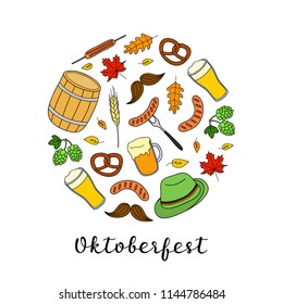 Hand drawn colored Oktoberfest icons composed in circle shape with lettering.