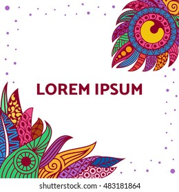 Hand drawn colored ornamental feather invitation on white background. A card with decorative feathers. Isolated vector illustration.